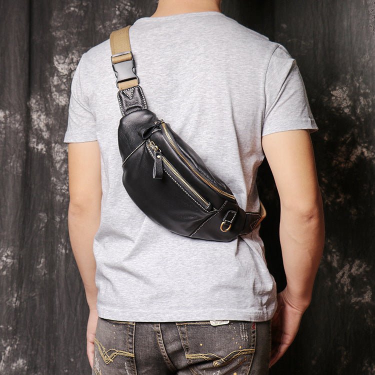 Men's Black Soft Real Leather Waist Bag | Neouo